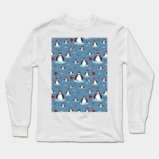 it's cold outside penguins seamless pattern light blue Long Sleeve T-Shirt